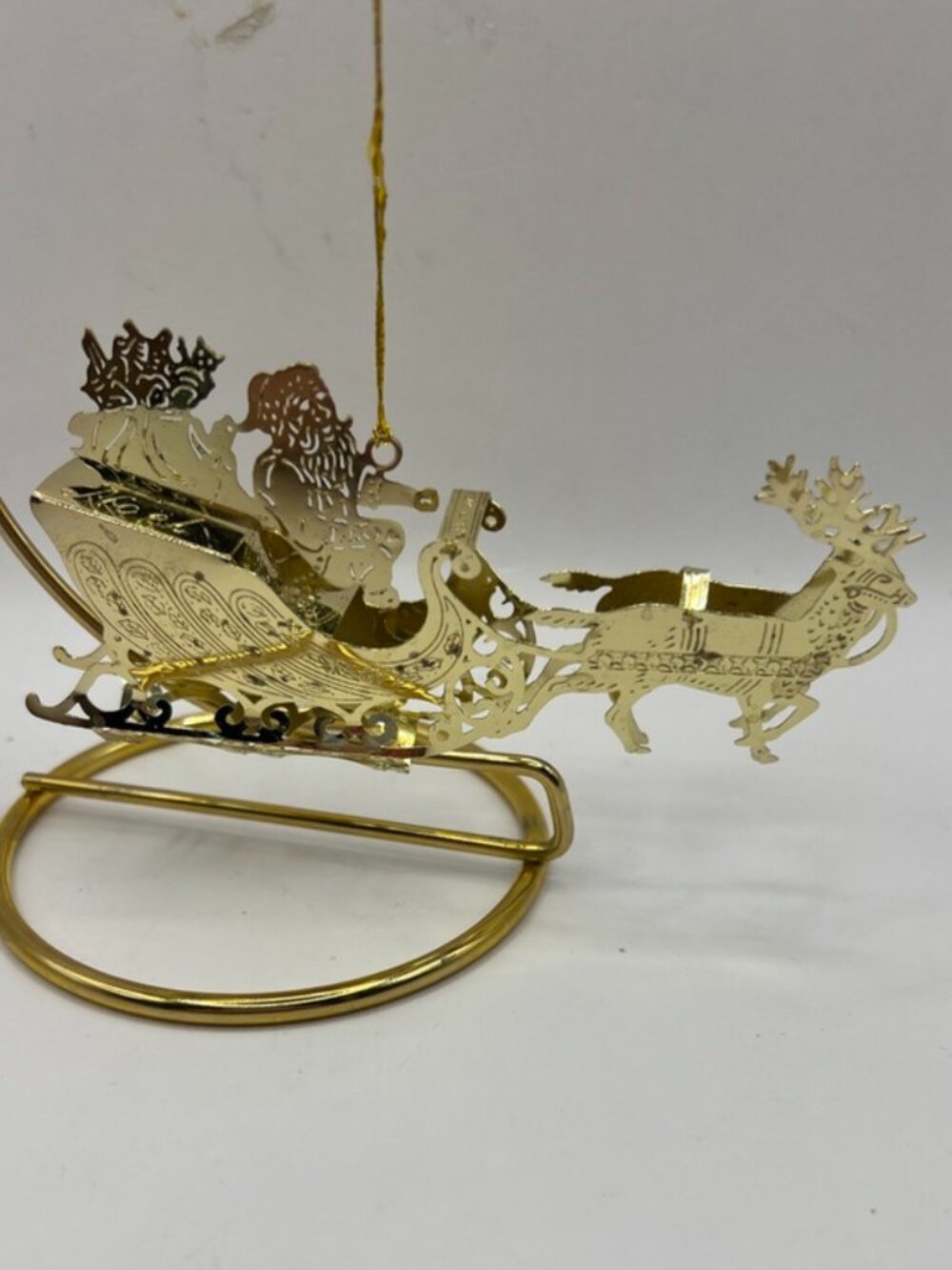 Gold Plated Brass Filigree Metal Santa Sleigh Reindeer Christmas Ornament 2x4.5”